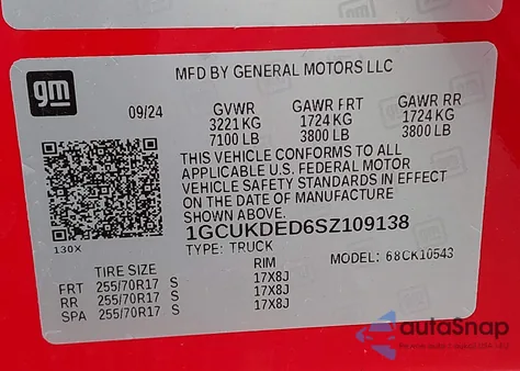 2025 Chevrolet Silverado K1500 Lt z USA, uszkodzony, nr VIN 1GCUKDED6SZ109138